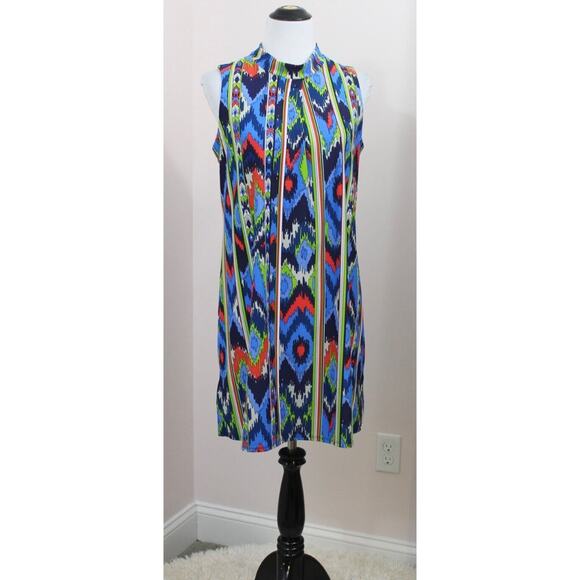 JUDE CONNALLY Sz M Medium Blue Red Green Splatter Print Sleeveless Nylon Dress - Picture 7 of 7